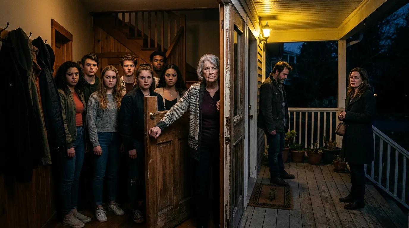 A grandmother and seven youths standing inside a doorway, looking out at a guilty-looking couple on a dimly lit porch.