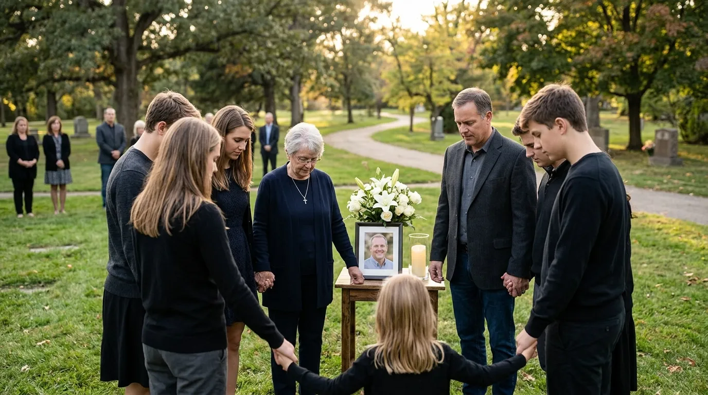 A family holding hands in a peaceful circle at a memorial