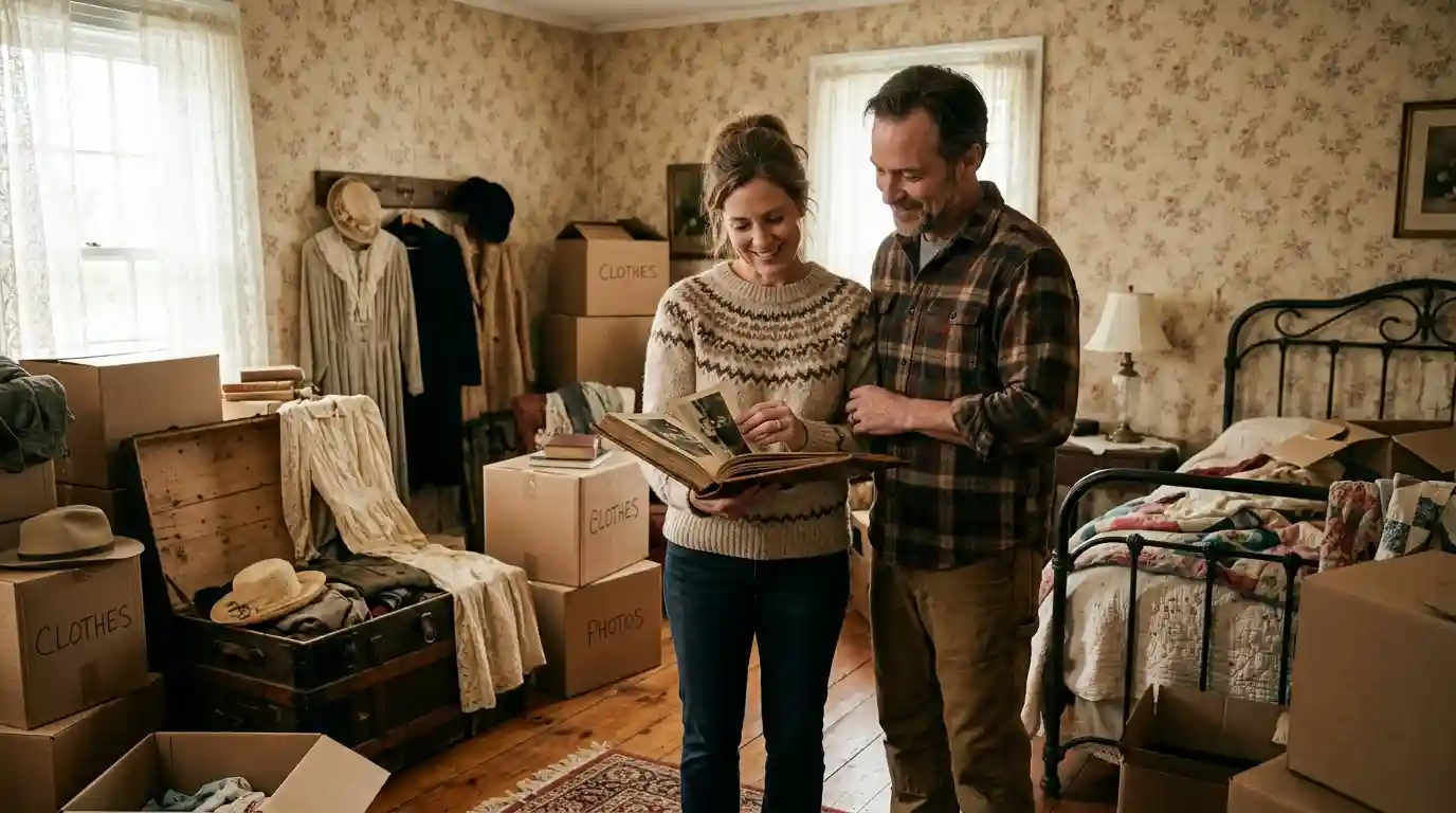 A family sorting through boxes and photo albums in a nostalgic, vintage bedroom.