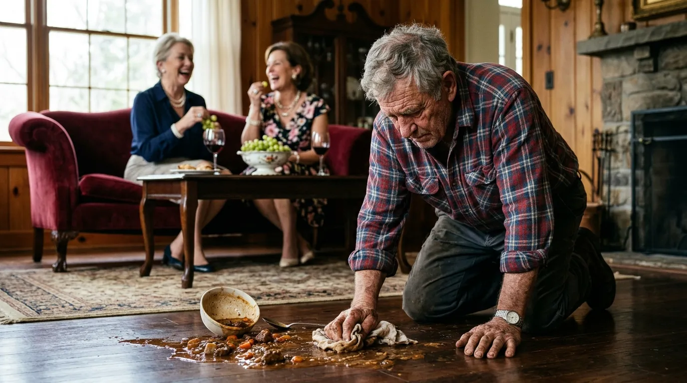 Elderly father scrubbing the floor while in-laws watch
