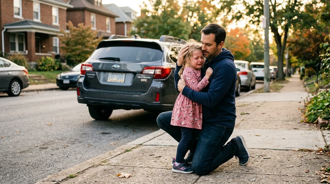 A father kneeling to comfort his crying daughter on the sidewalk
