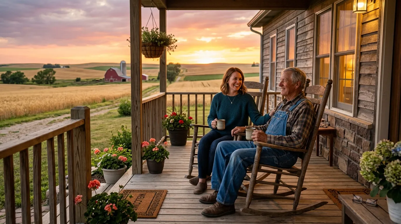 Father and daughter sitting peacefully on a farmhouse porch