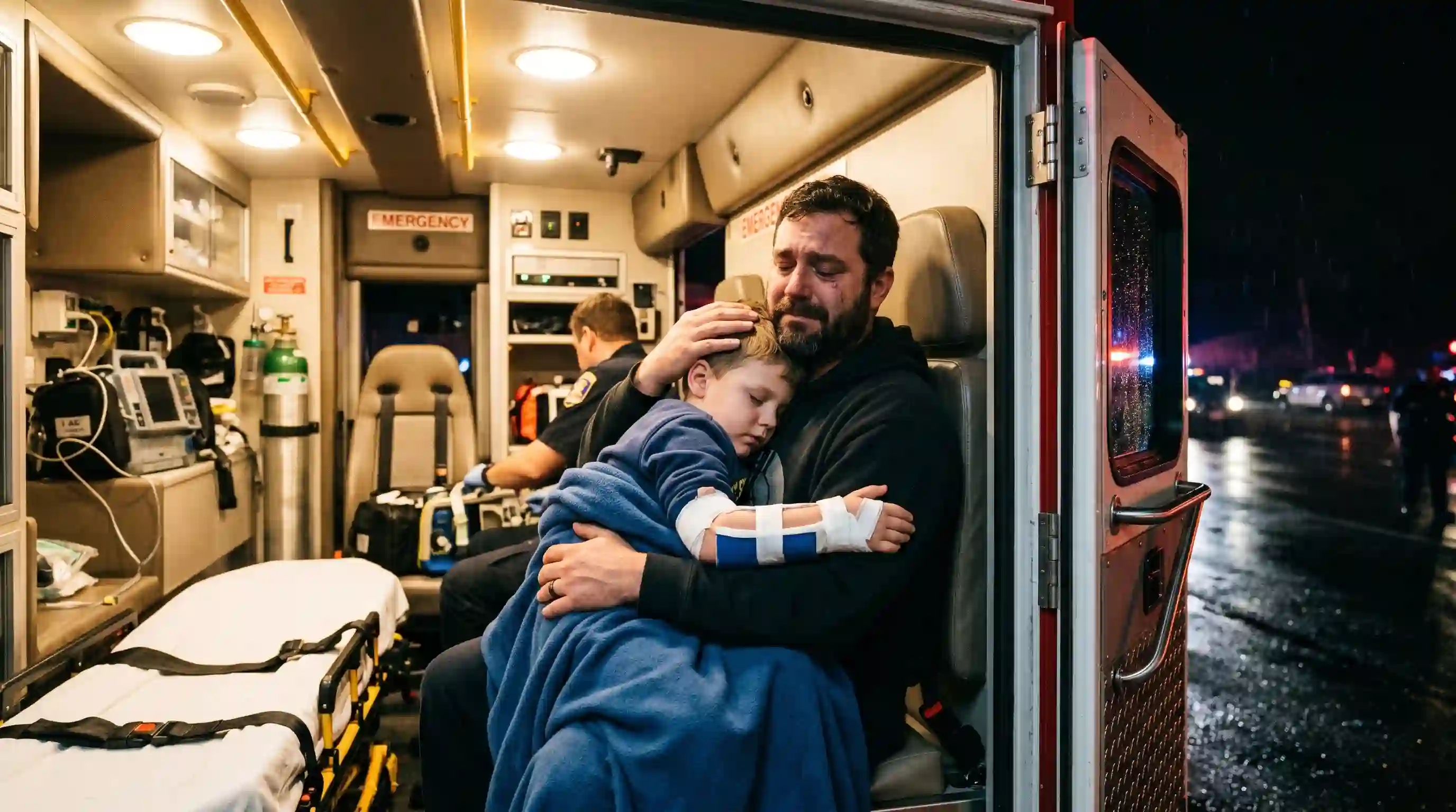 A father holding his injured son safely in the back of an ambulance at night