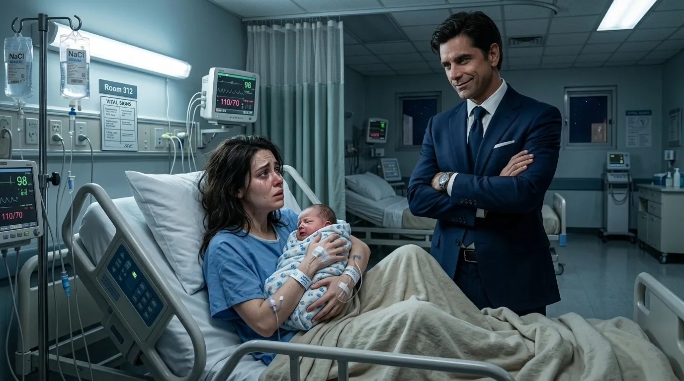 A frightened mother cradling her newborn in a hospital bed while an imposing man smirks in the background.