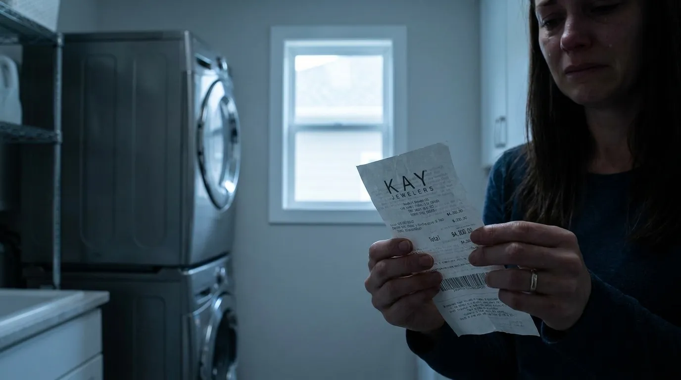 Woman's hands holding a crumpled jewelry receipt