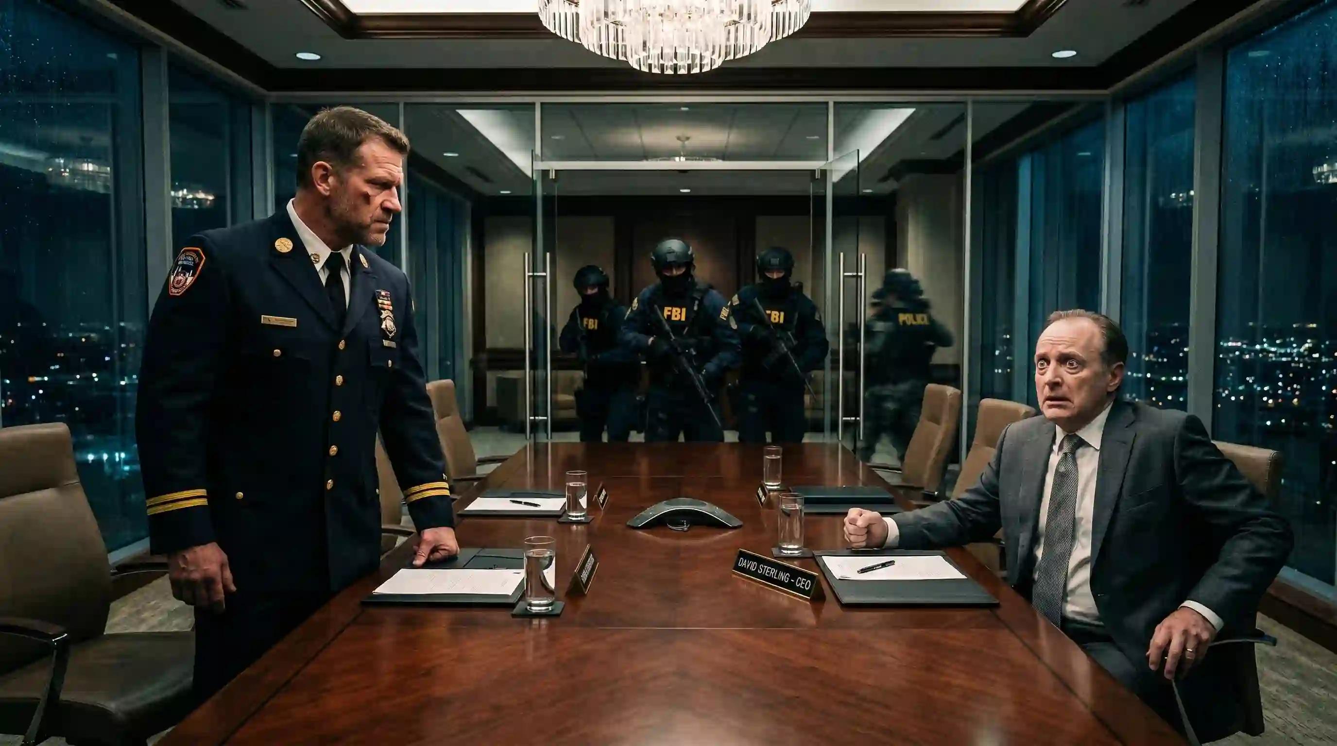 A rugged firefighter in a dress uniform confronting a terrified corporate executive in a glass boardroom as feds enter