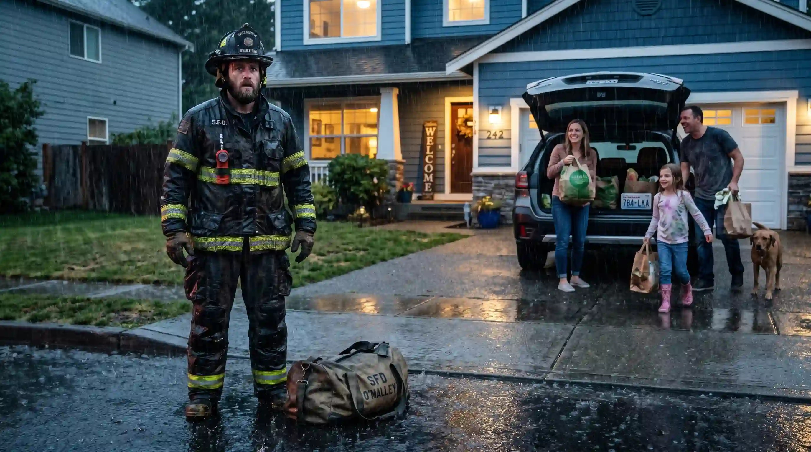 A shocked firefighter standing in the rain looking at his home where strangers are unloading groceries