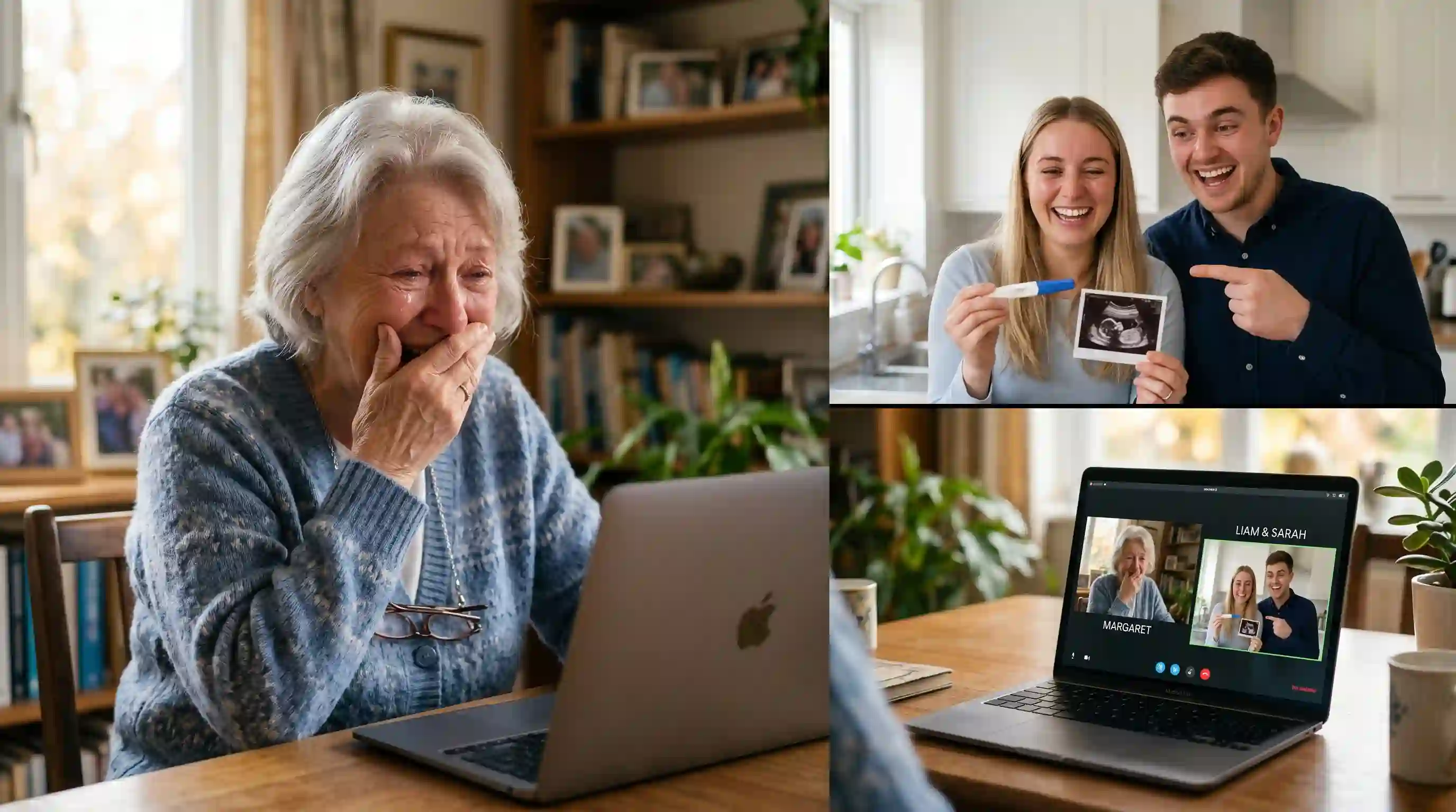 Split screen of two identical elderly women crying on a video call