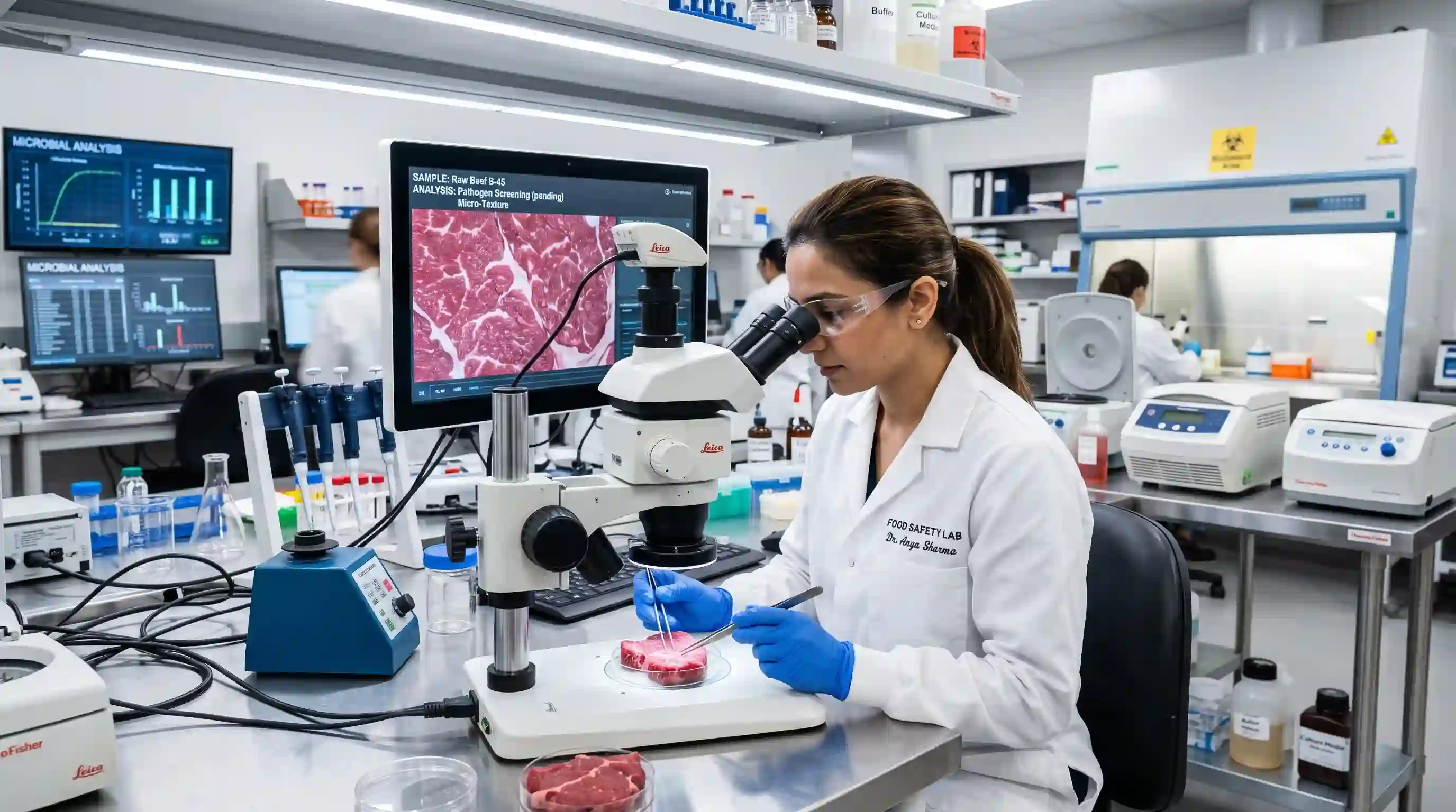 A scientist in a white coat testing meat samples in a sterile laboratory setting.