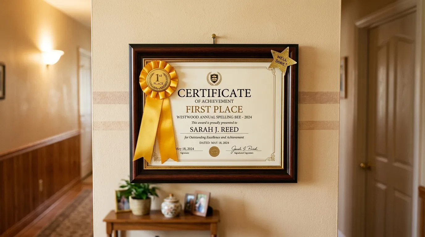 A first-place certificate framed beautifully on a hallway wall