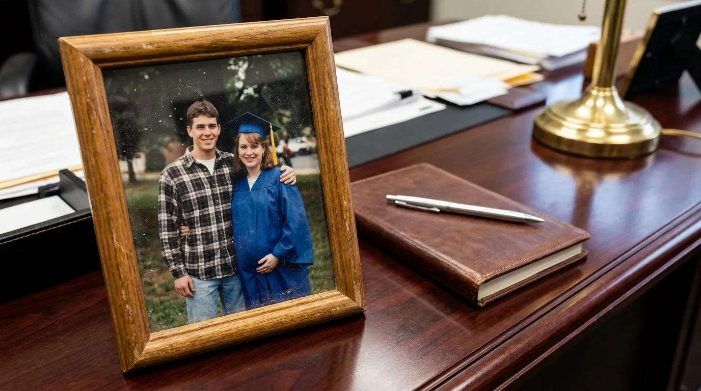 A framed old photograph of a young man and pregnant woman on an executive mahogany desk.