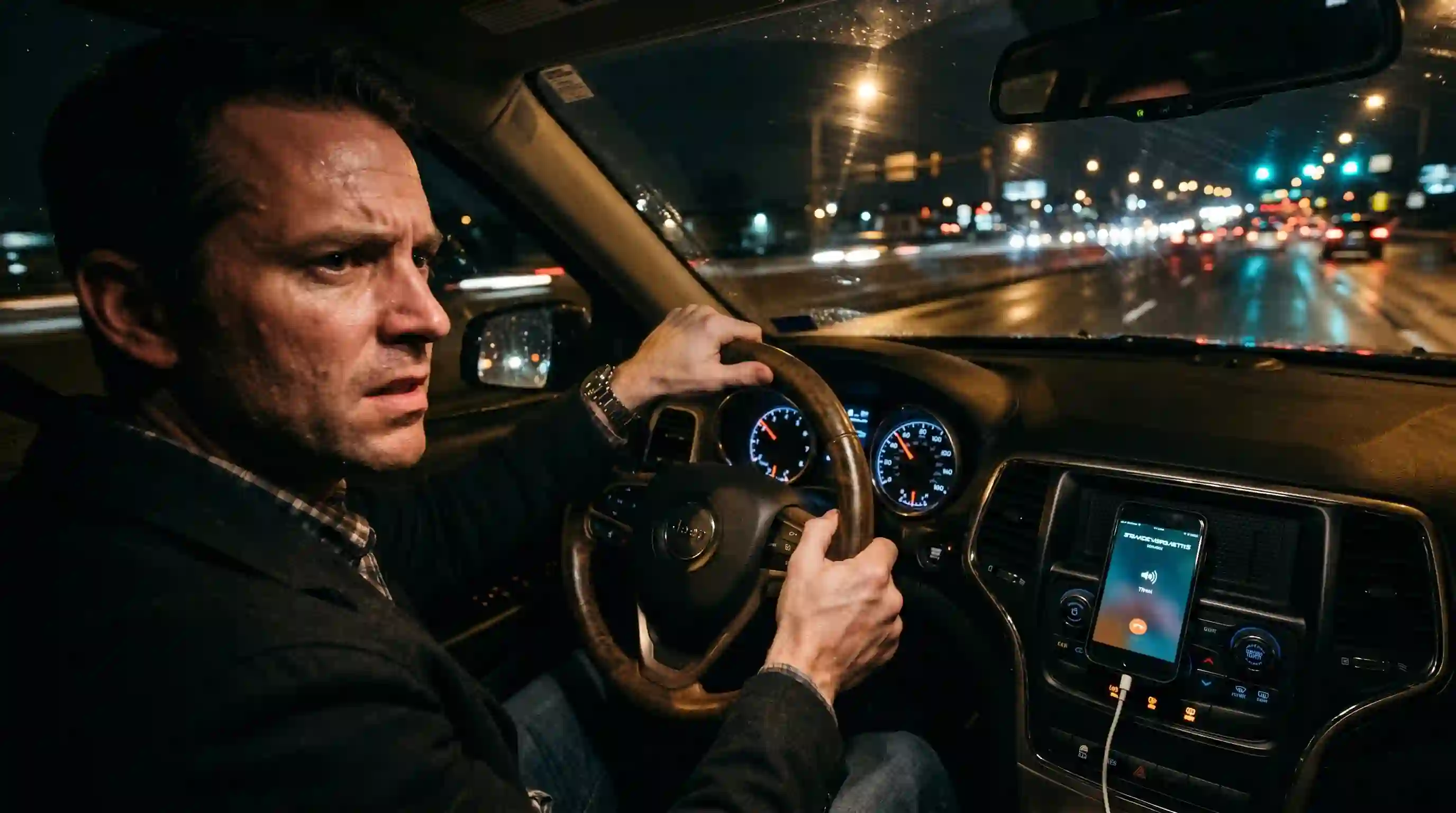 A panicked father gripping the steering wheel tightly while driving at night