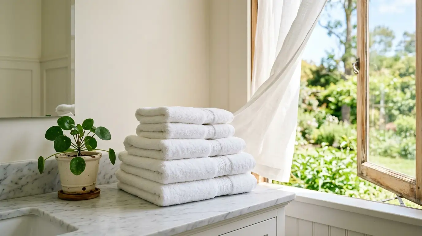 Clean, fluffy bath towels neatly stacked near an open bathroom window.