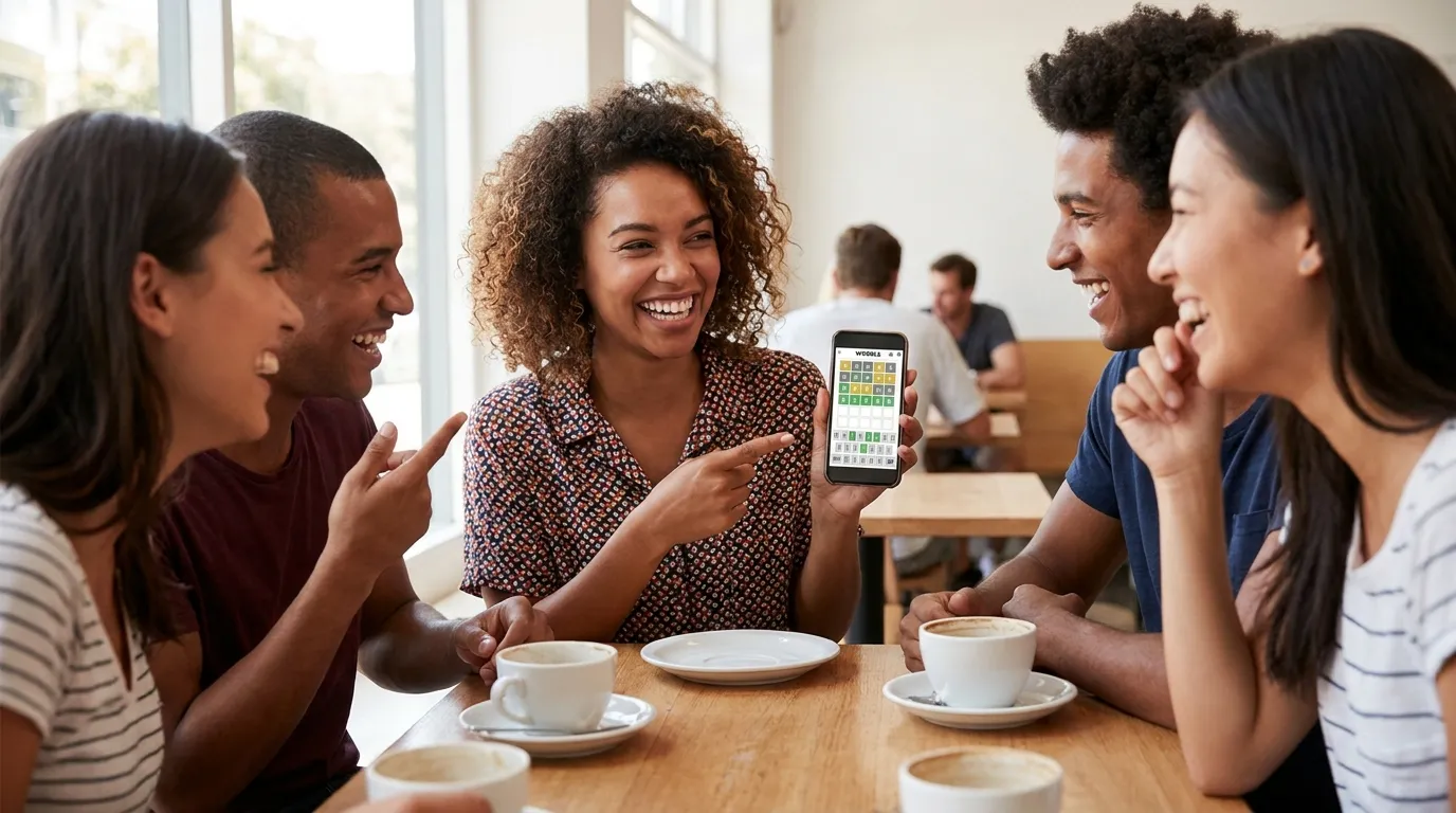 Young woman sharing a puzzle on her phone with laughing friends