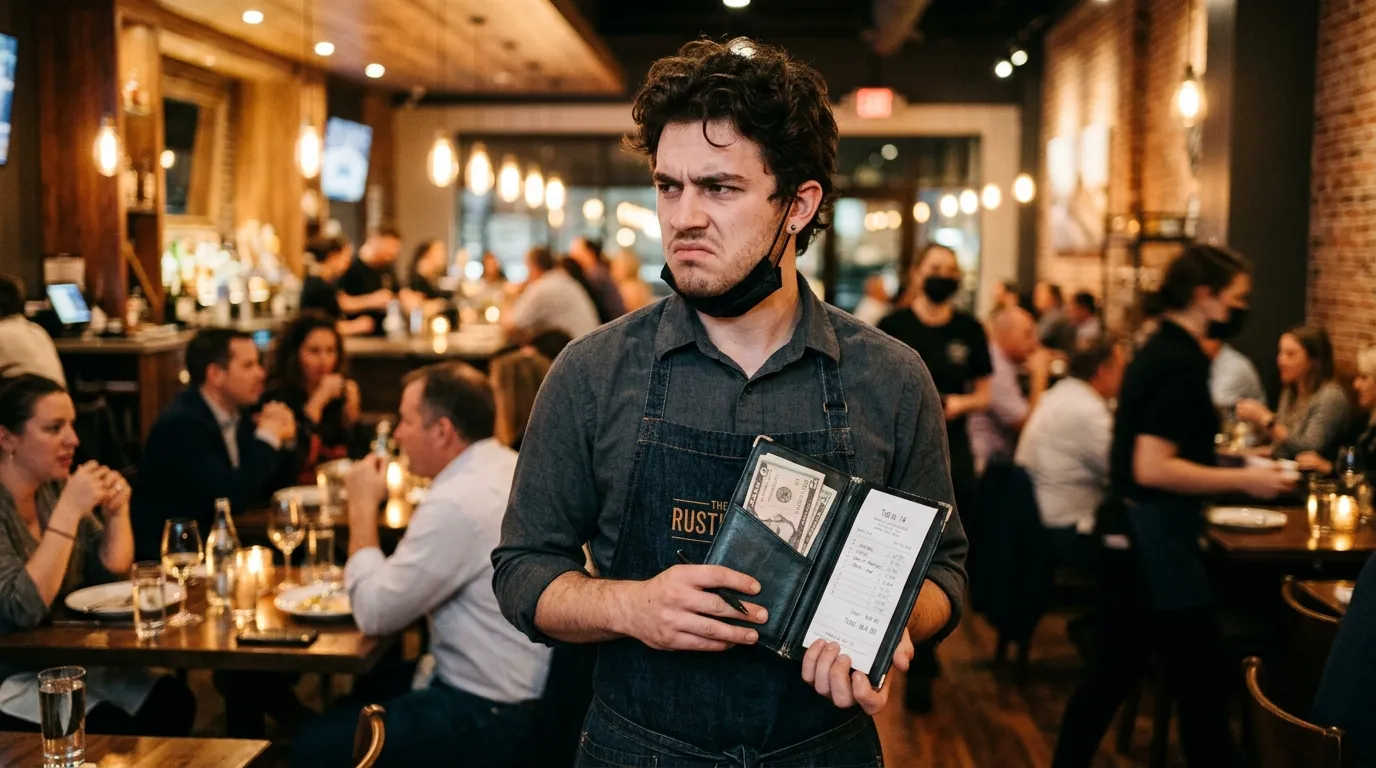 A frustrated young male server holding a restaurant checkbook