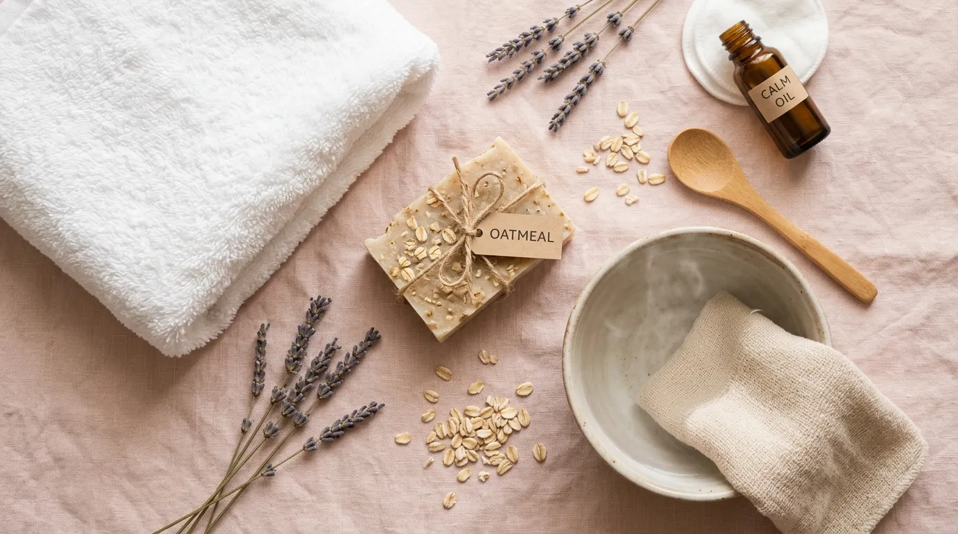 A soothing flatlay of gentle skincare items including a white towel, natural soap, and a warm washcloth.