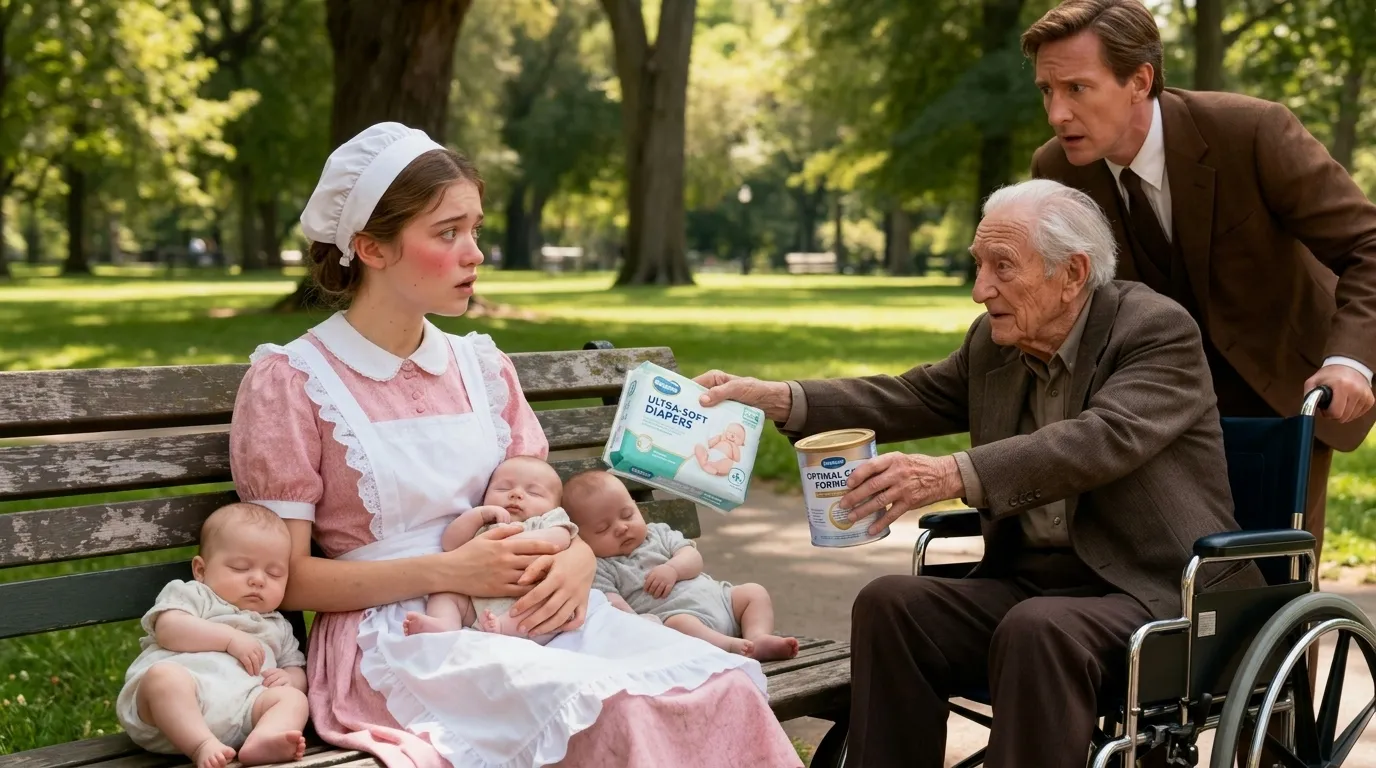 An elderly man handing baby supplies to a tired woman