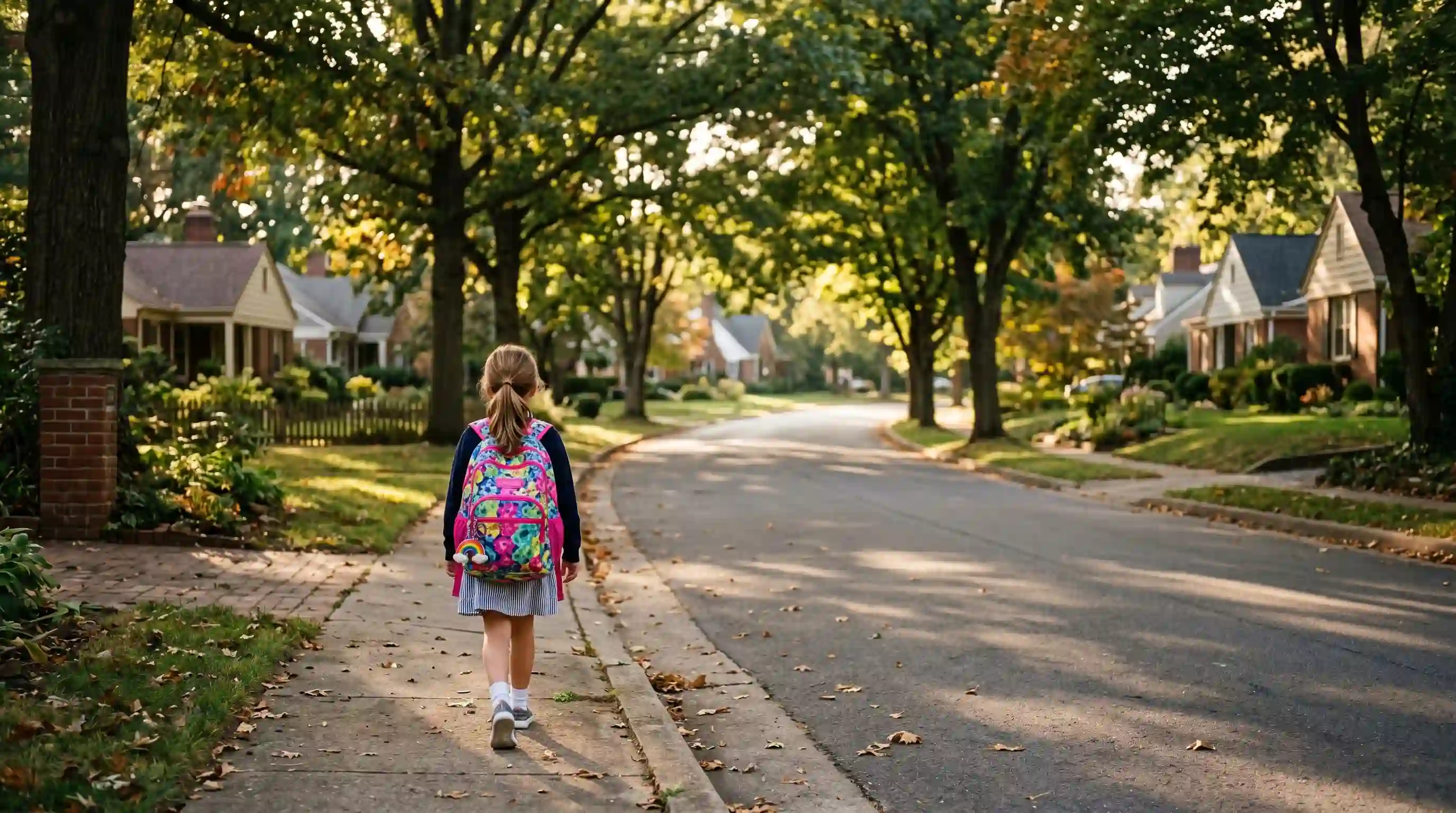 A young girl with a backpack walking alone down a quiet suburban street in the afternoon