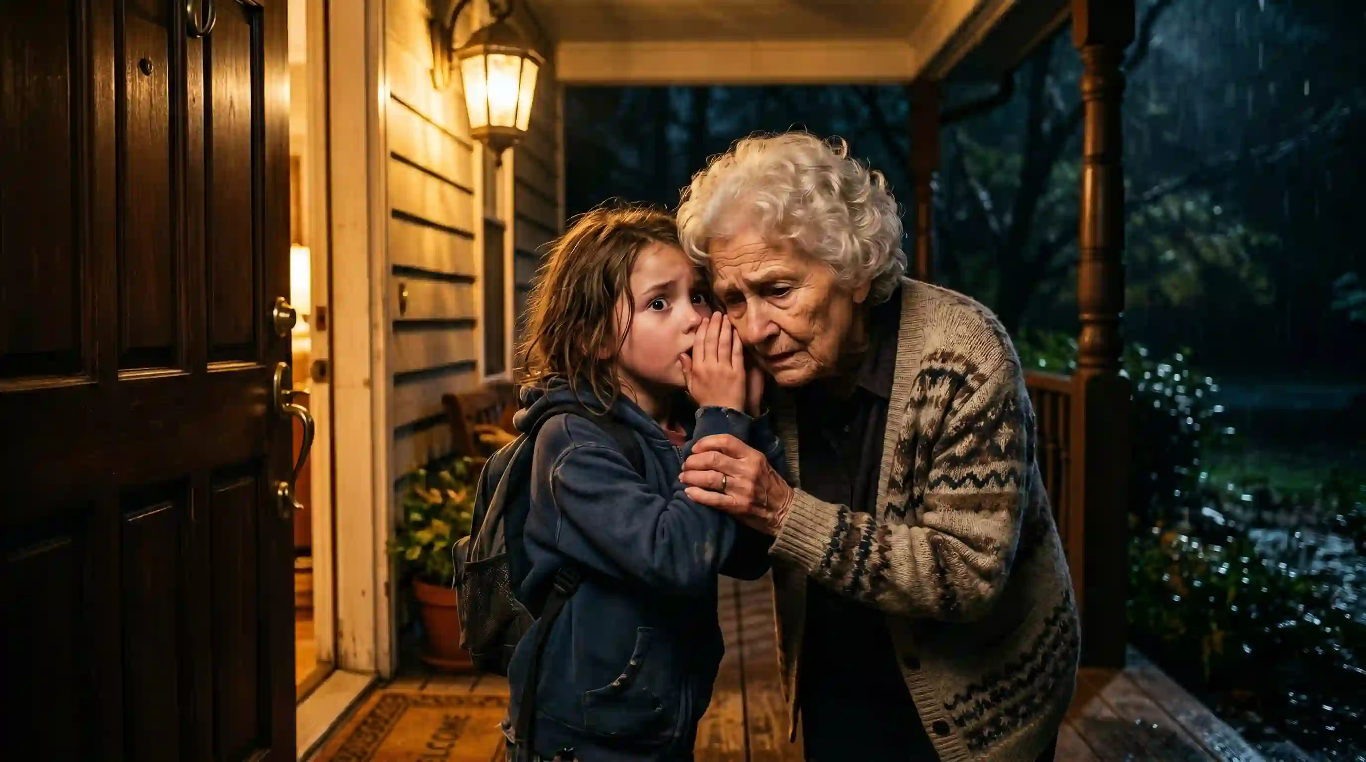 A young girl standing on a porch, urgently whispering to an elderly woman who has just opened her front door