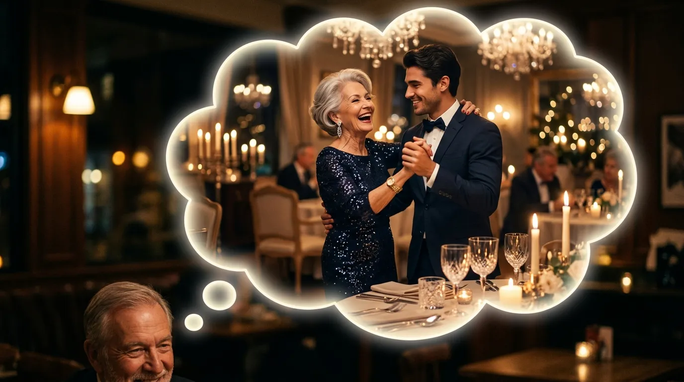 Grandma Ethel dancing with a handsome young man in a romantic, candlelit restaurant.