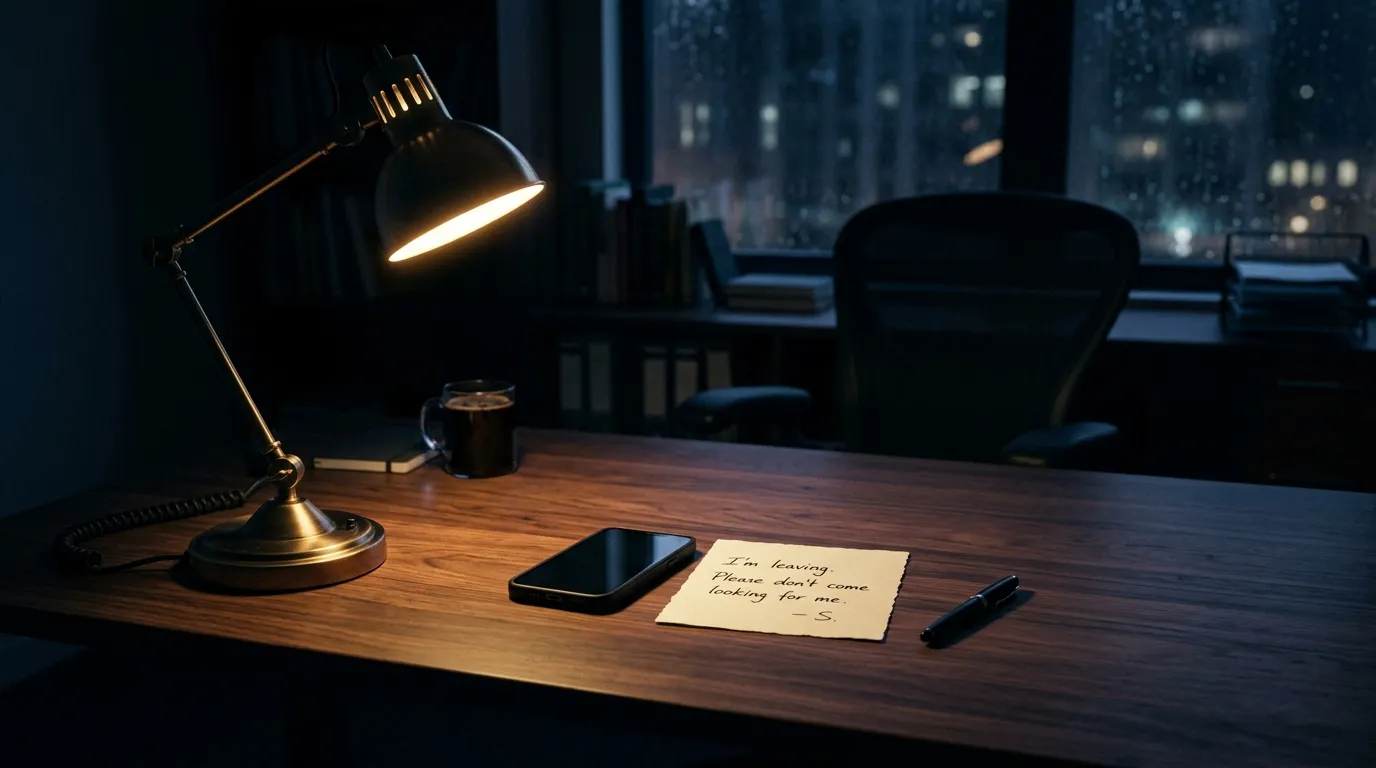A handwritten goodbye note resting on a wooden desk next to a cell phone