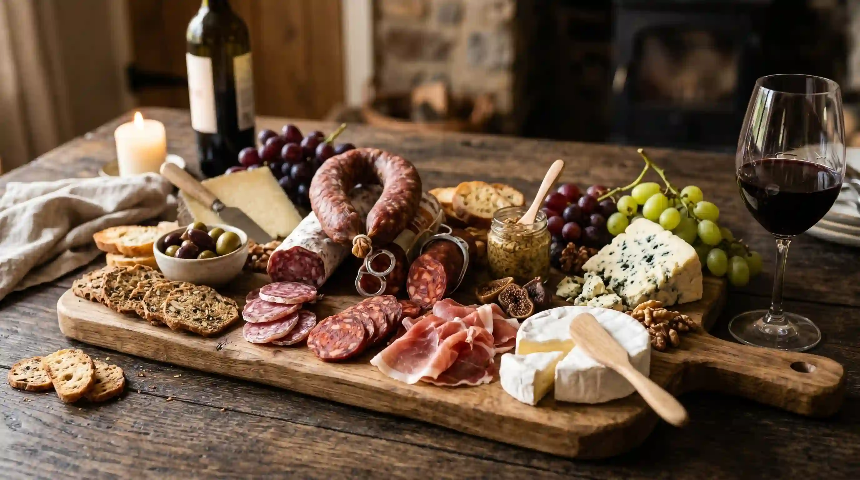 A gourmet charcuterie board featuring cured sausages with their aluminum rings attached