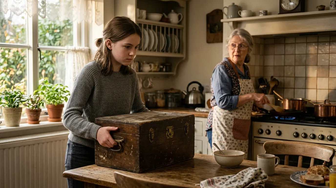 A young girl placing an old, dusty box on a kitchen table while her grandmother looks on.