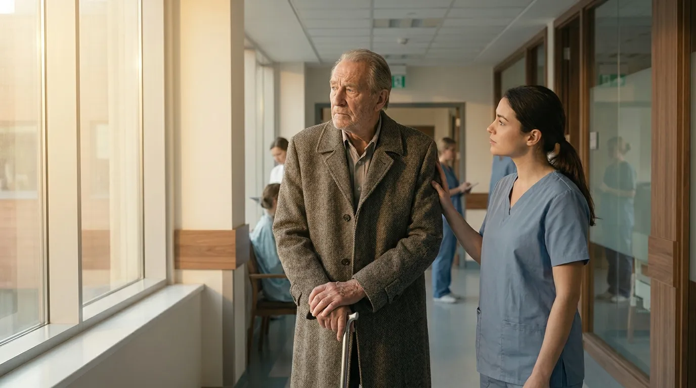 Elderly man with a silver cane in a hospital doorway