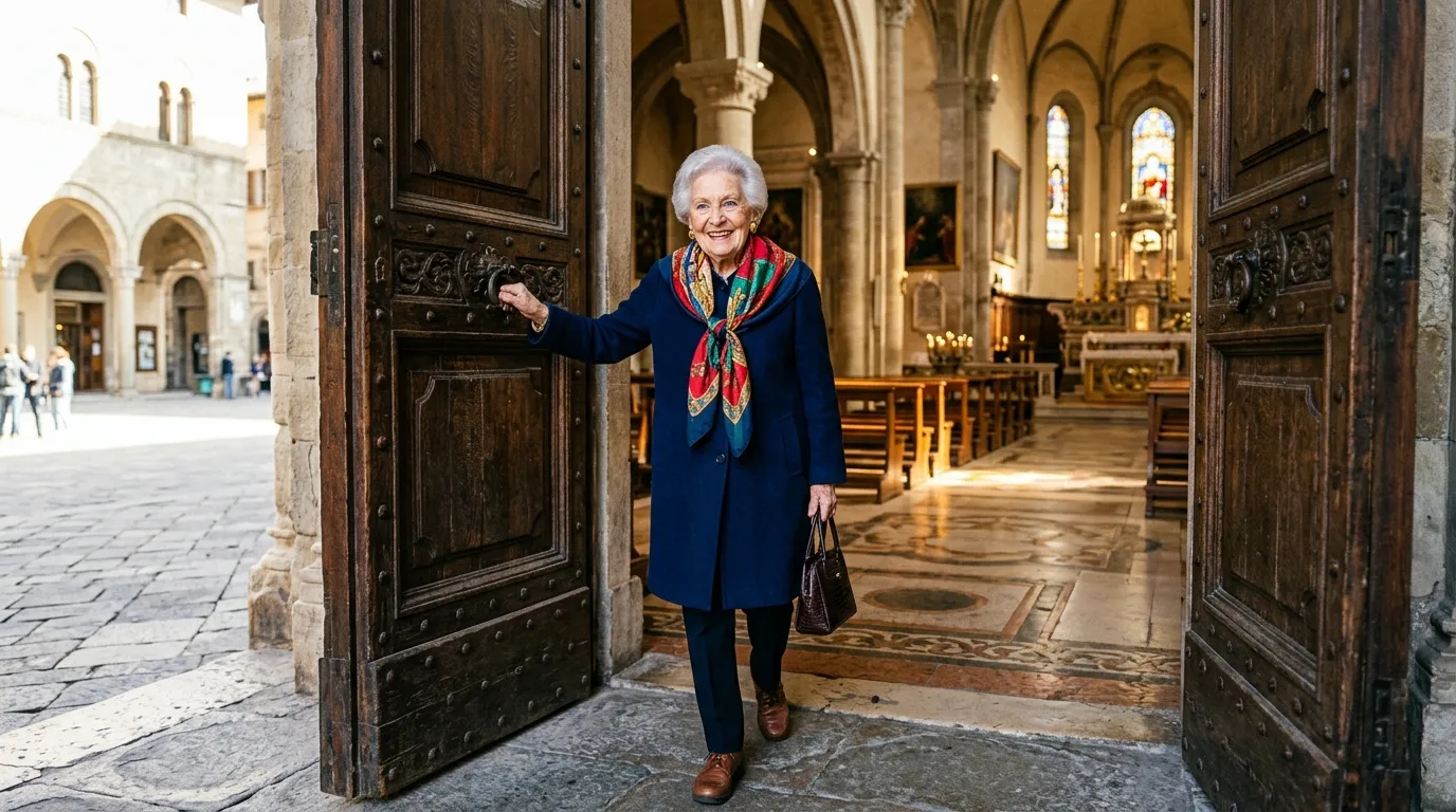 Stylish Grandma Ethel confidently entering a beautiful, sunlit church.