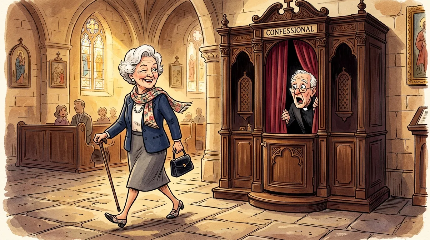 Grandma Ethel looking over her shoulder with a cheeky wink as she leaves the church.
