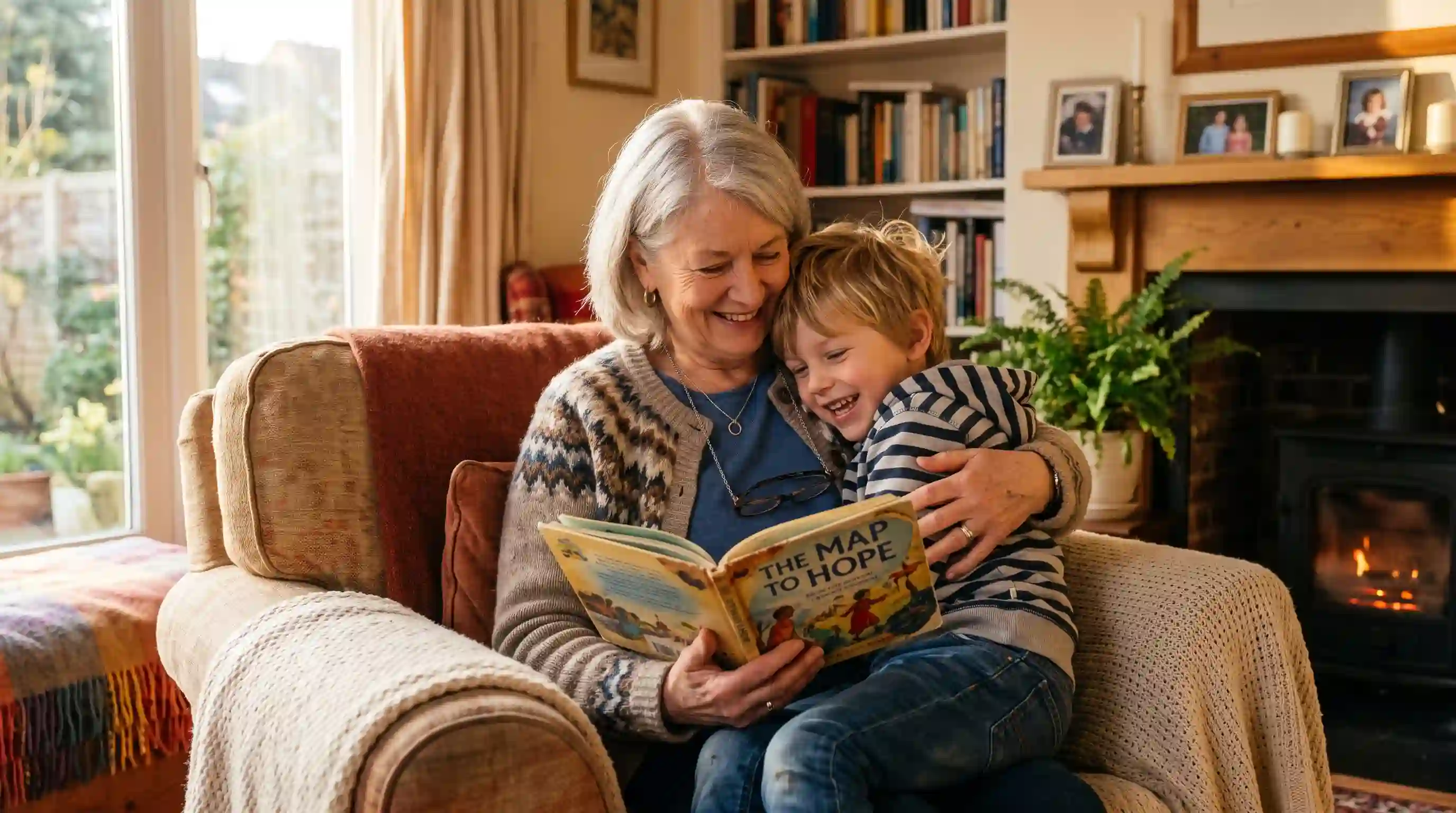 A grandmother and her grandson hugging tightly in a warm, sunlit living room.