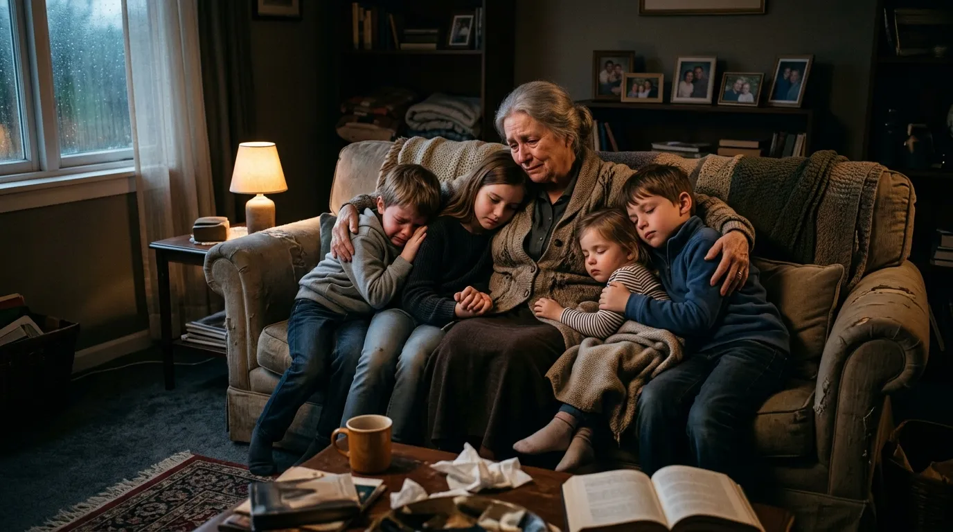 A grandmother warmly hugging a large group of her grandchildren in a dimly lit living room.