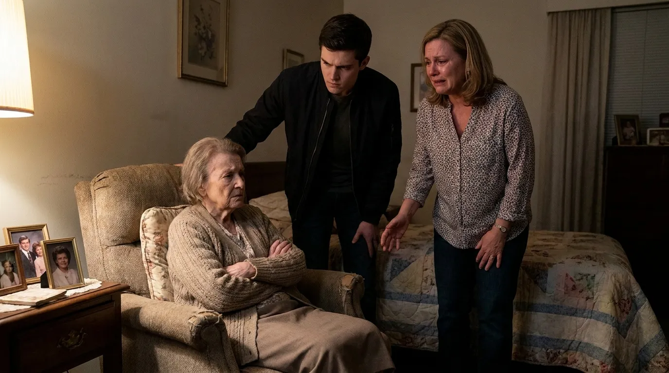 An elderly woman in an armchair looking defensively at a determined young man and an angry older woman.