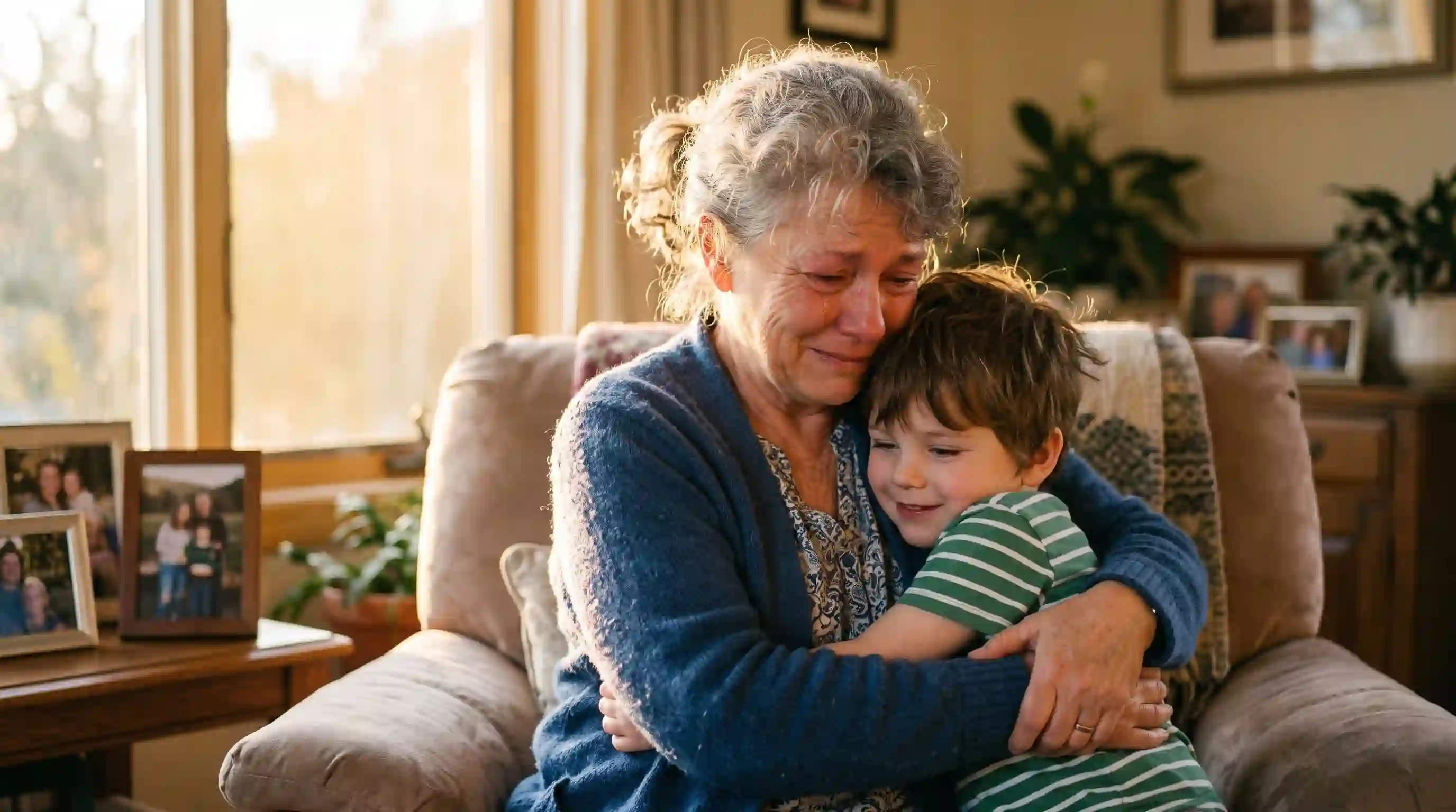 A deeply relieved grandmother hugging her healthy five-year-old grandson after his recovery.