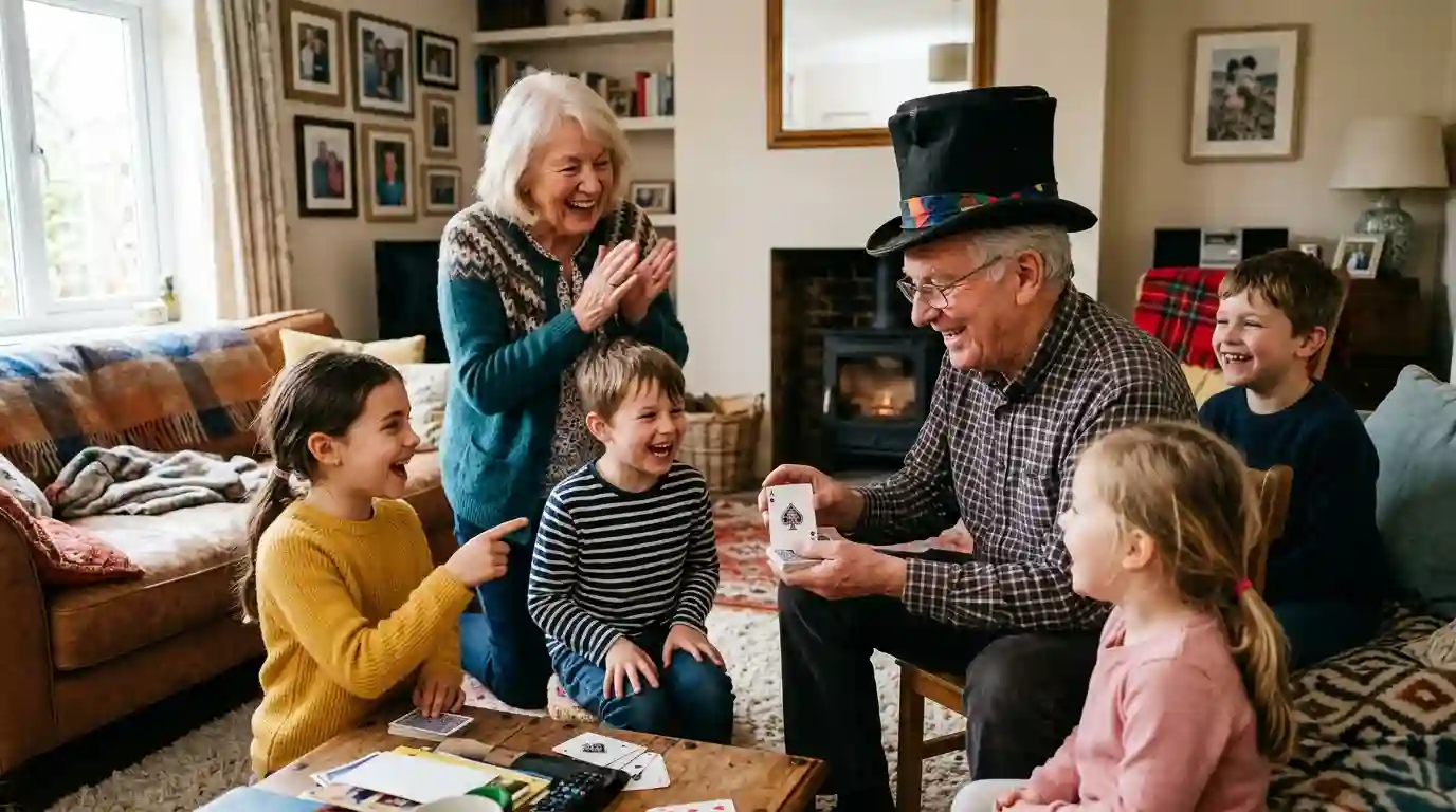 Grandpa wearing a magician's hat showing a card trick to laughing grandchildren while Grandma cheers.