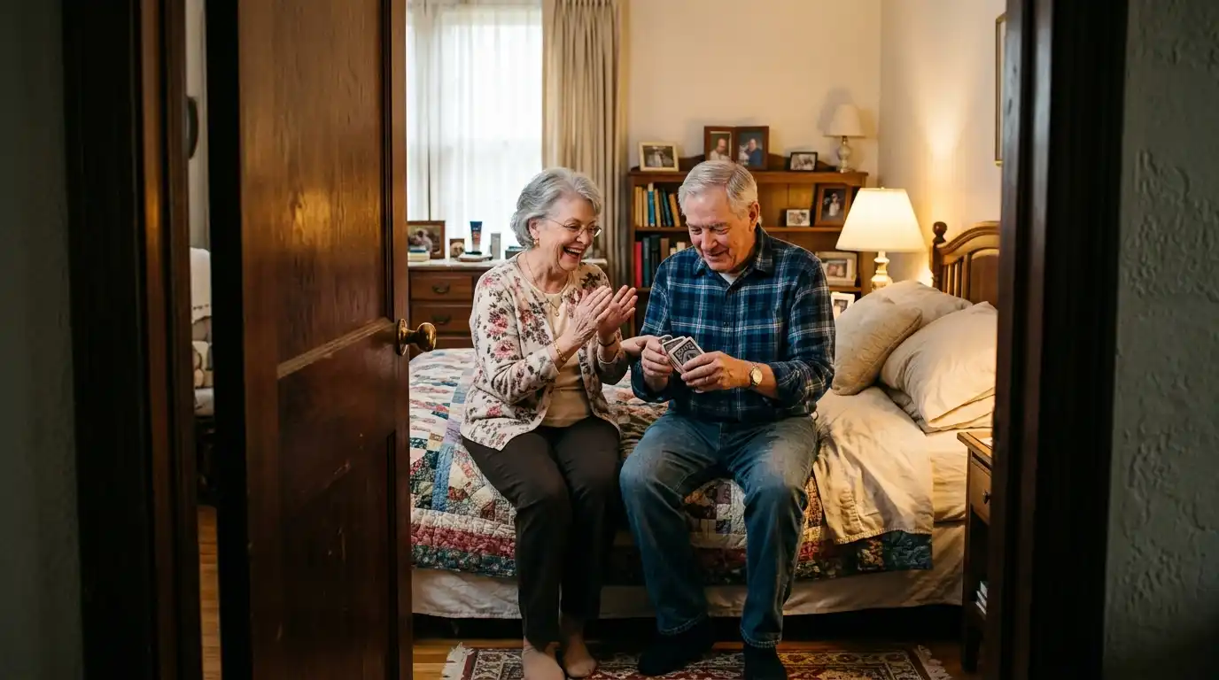Grandma and Grandpa secretly sitting on their bed, whispering and practicing something together.