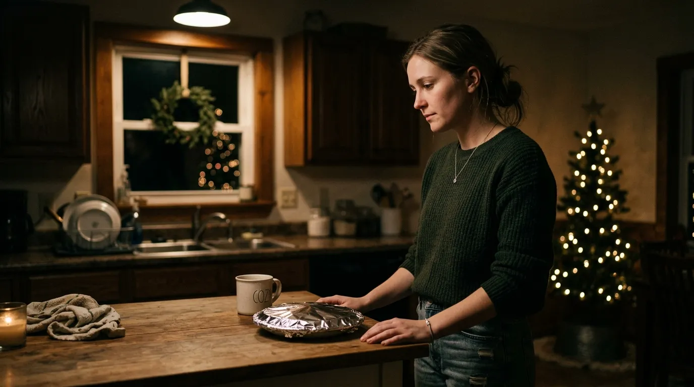 A young adult standing alone in a dimly lit kitchen, looking thoughtfully at a single foil-wrapped plate.