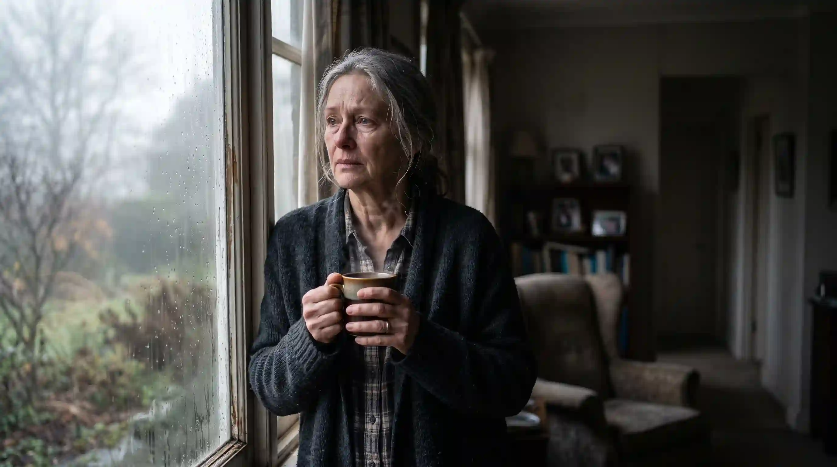 A 65-year-old woman looking out a window in the morning, holding coffee, looking deeply sad.