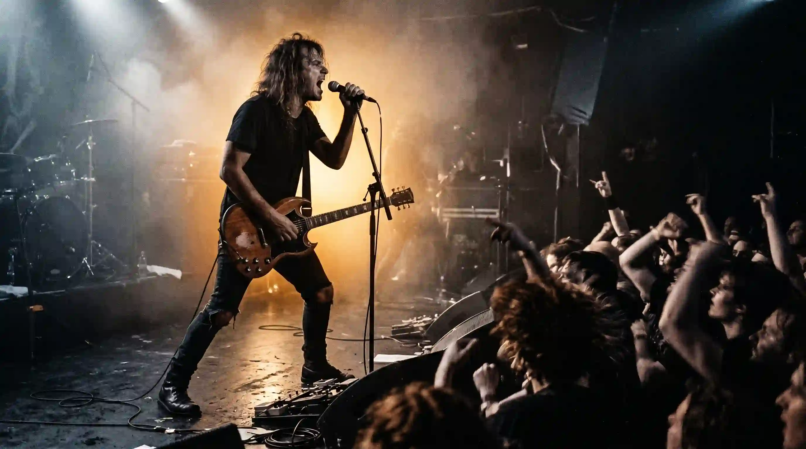 Silhouette of a left-handed guitarist performing on a smoky stage