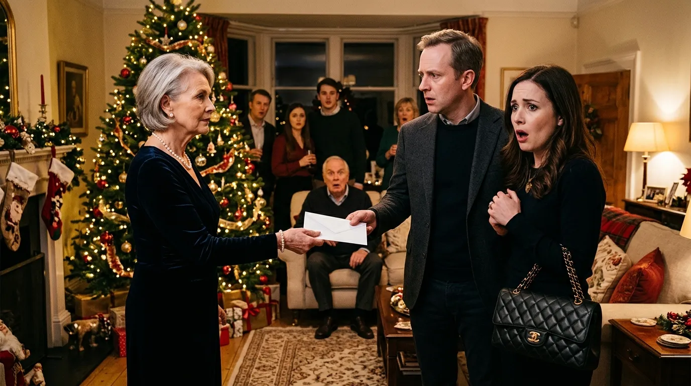 A mother calmly handing a white envelope to her shocked son and daughter-in-law
