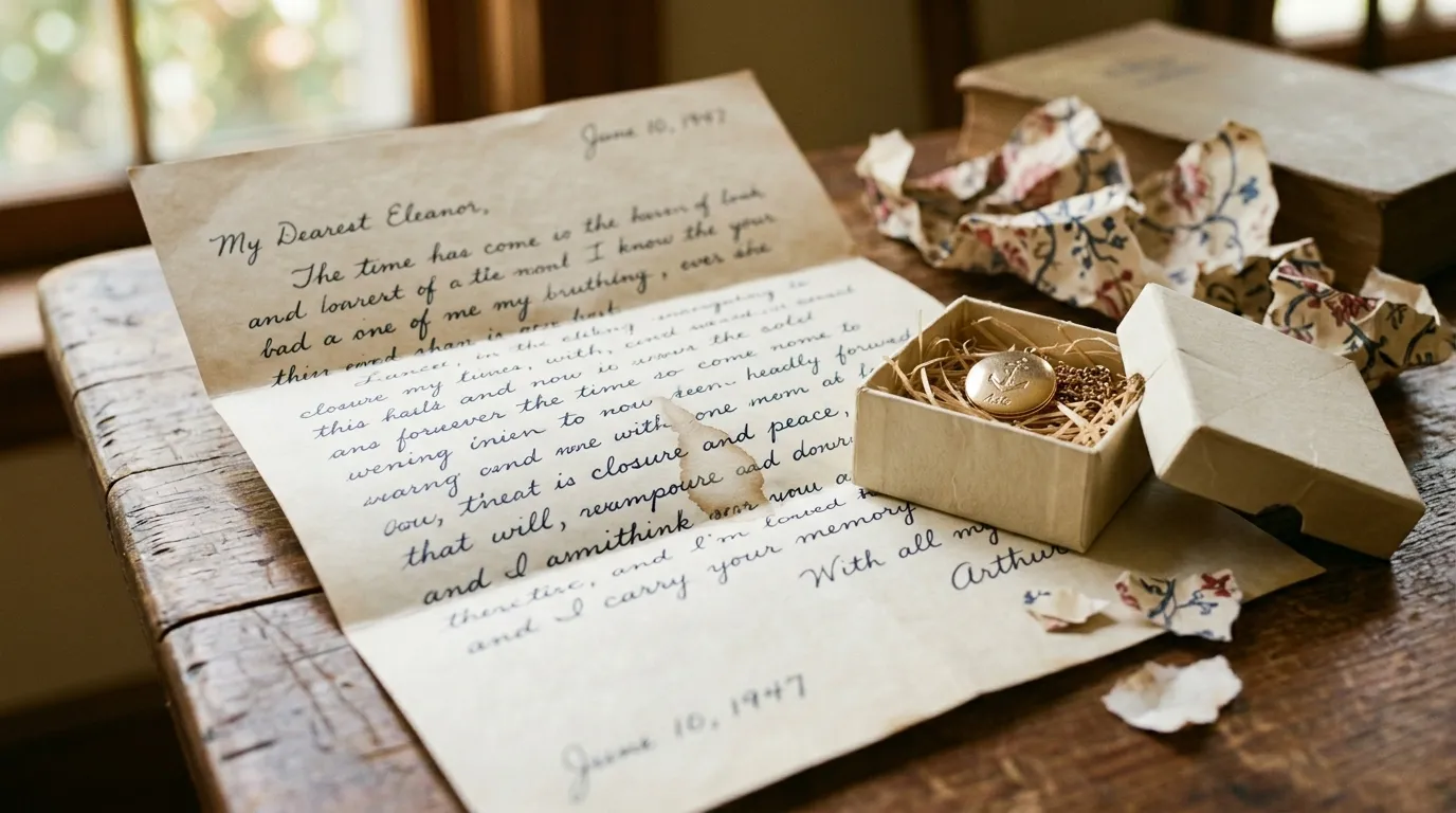 A close-up of an old handwritten letter resting on a wooden table, symbolizing peace and closure.
