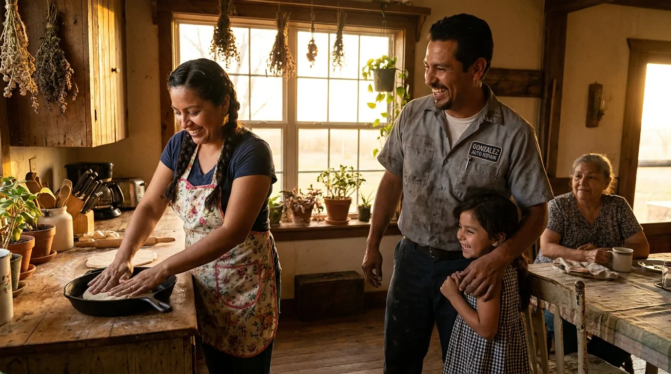 A happy family making tortillas in a warm kitchen before tragedy struck.