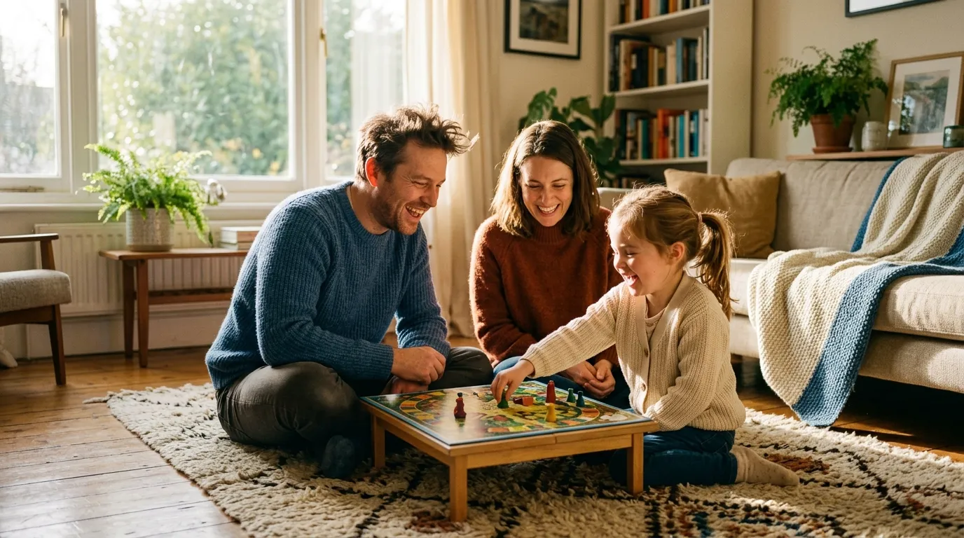 A family of three laughing and playing a board game together in a sunny room