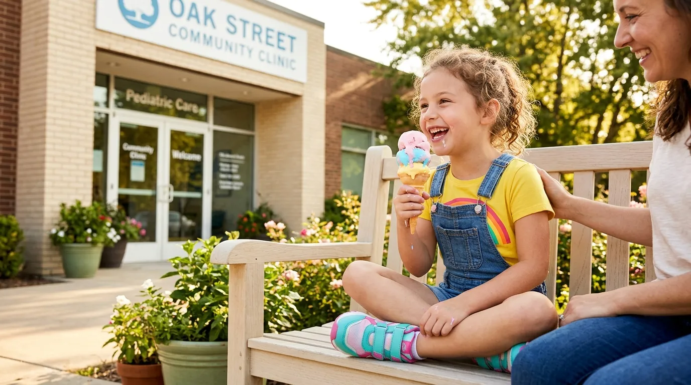 A happy young girl eating ice cream outside a clinic wearing bright sneakers