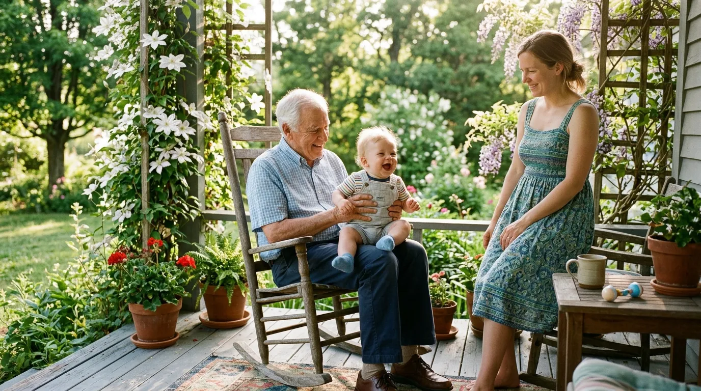 A happy young mother smiling at her laughing 6-month-old baby boy on a sunlit porch with an older man.