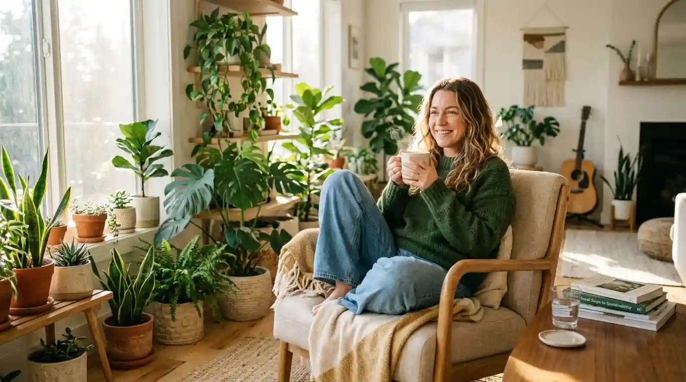 A relaxed young woman smiling with a coffee in a bright, plant-filled living room.