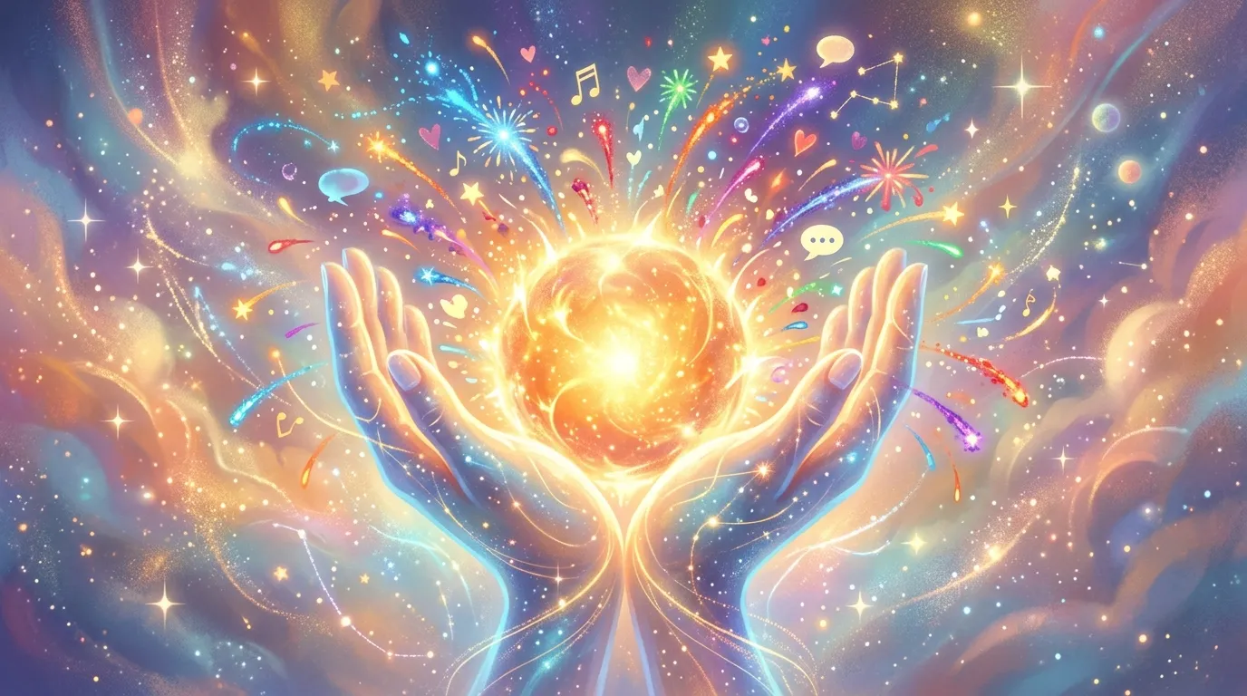 Glowing hands holding a warm sphere of light radiating colorful sparks of joy and communication.