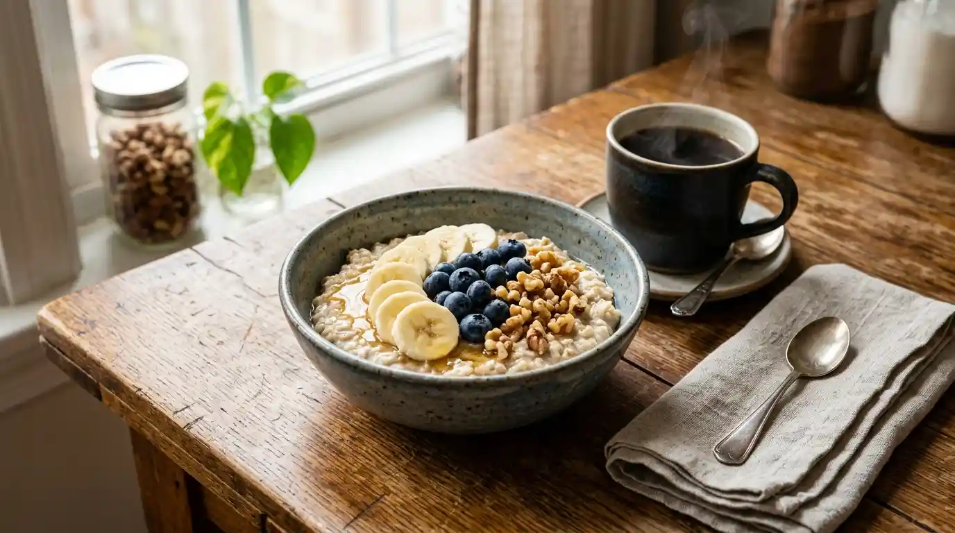 Rustic bowl of morning oatmeal topped with sliced bananas, blueberries, and walnuts