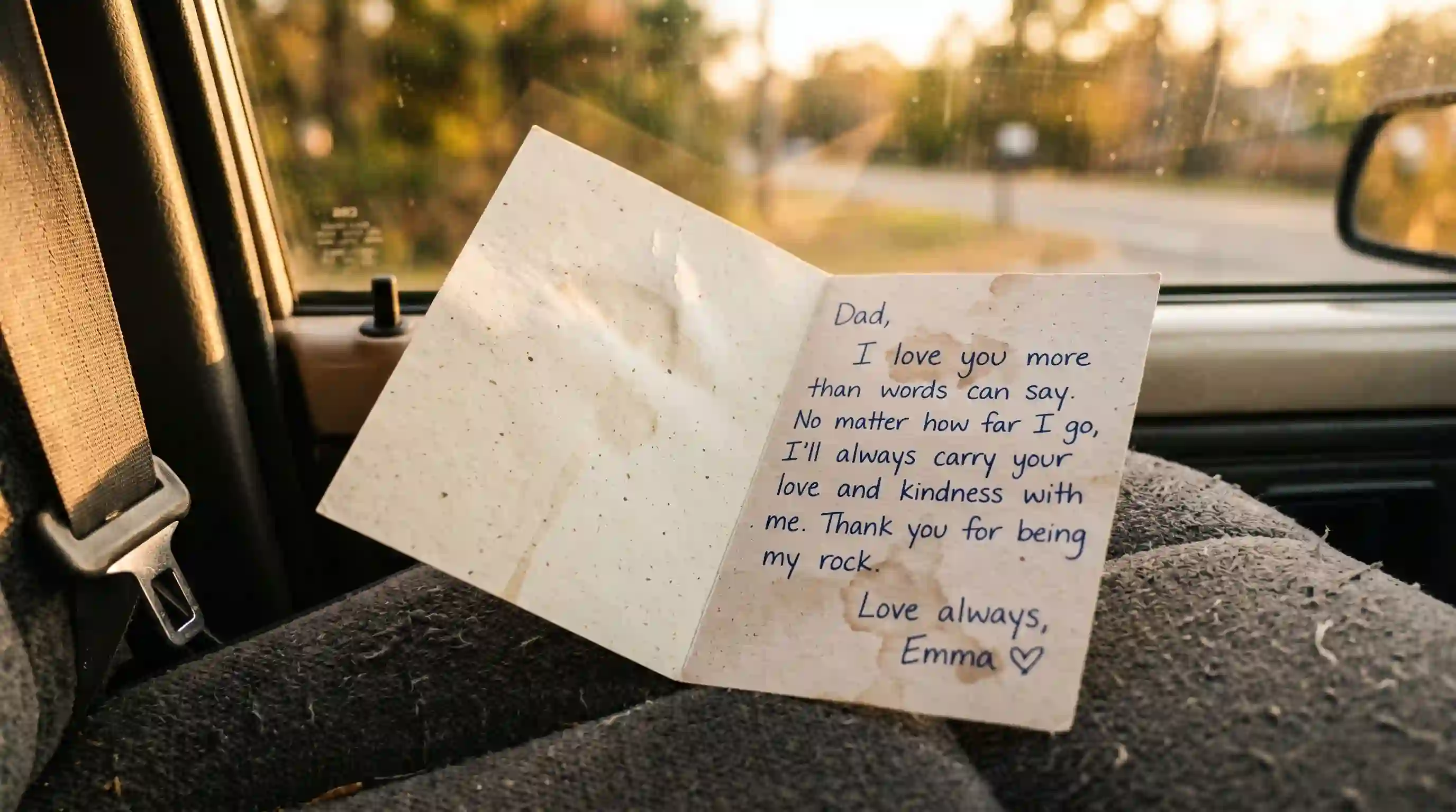 A handwritten, emotional thank-you card resting on the passenger seat of a car, lit by warm sunlight