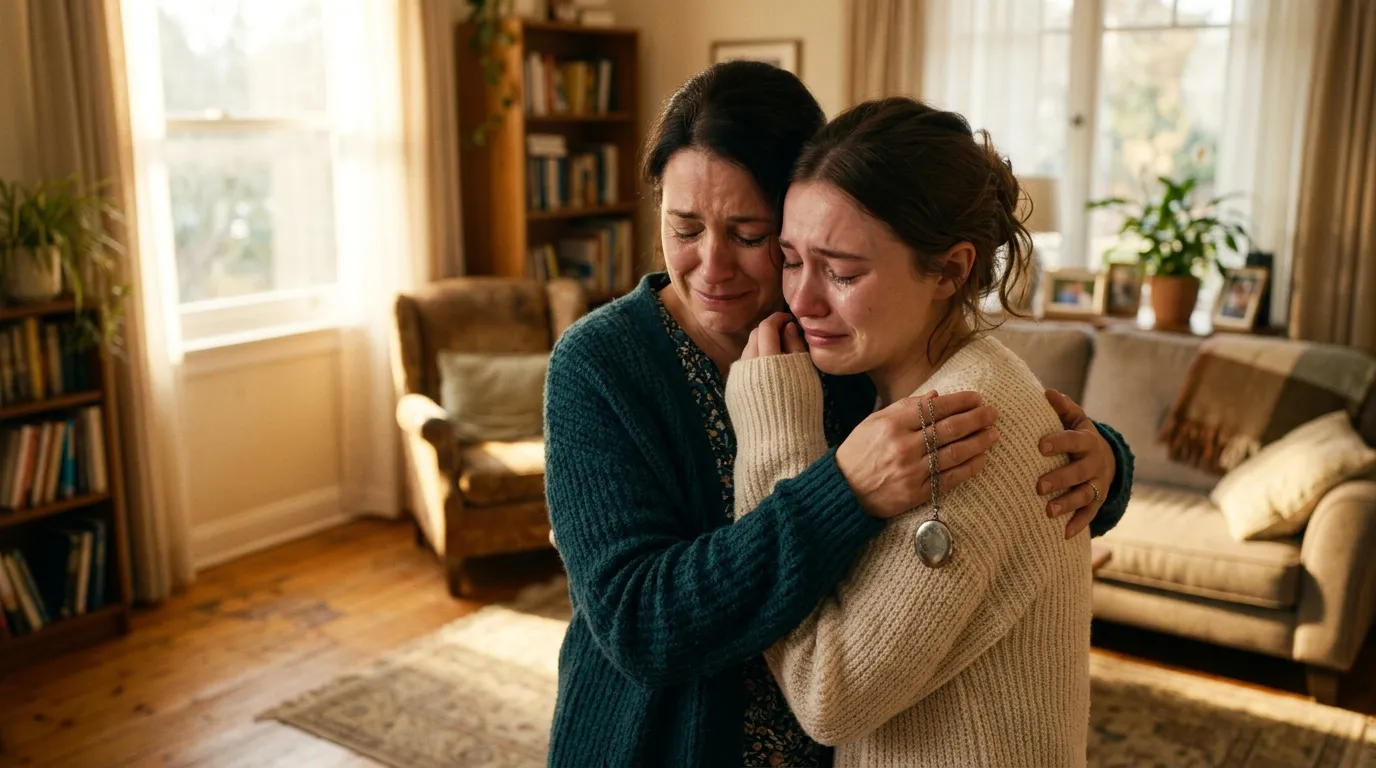 Two women hugging after returning a lost locket